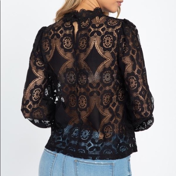 Black Sheer Floral Crochet Lace Top - Picture 4 of 6
